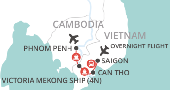 Map of tour Four-Day Mekong Cruise – Saigon to Phnom Penh