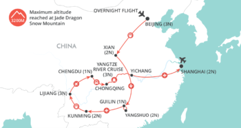 Map of tour Cultural and Scenic Wonders of China with River Cruises