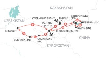 Map of tour Kyrgyzstan and Uzbekistan Silk Road Tour