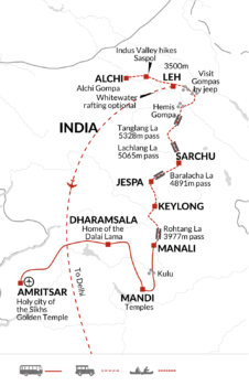 Map of tour Walking India’s Himalayan Hindu and Buddhist Villages and Temples