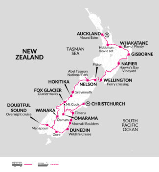 Map of tour New Zealand North and South Islands Tour