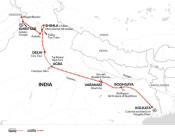 Map of tour India Cultural Discovery Tour Kolkata to Amritsar