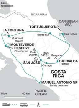 Map of tour Costa Rica – Coast to Coast