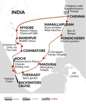 Map of tour Southern India Cultural and Wildlife Tour