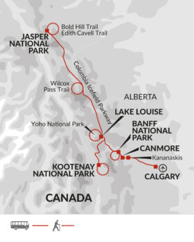 Map of tour Walking in the Canadian Rockies