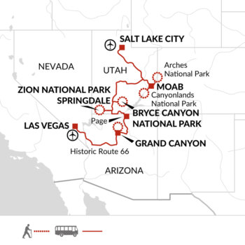 Map of tour Walking Trip of Western US National Parks