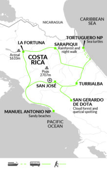 Map of tour Costa Rica Wildlife Tour