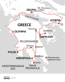 Map of tour Ancient Greece Peloponnese Tour