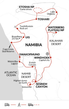 Map of tour Namibia Lodge Safari