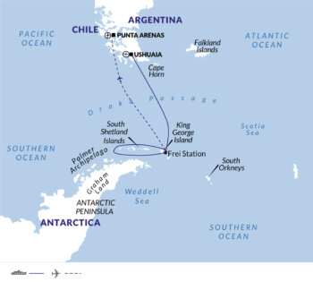 Map of tour 6-Day Cruise and Fly Tour of Antarctica