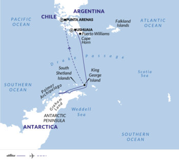 Map of tour Fly and Cruise Antarctica Wildlife Tour