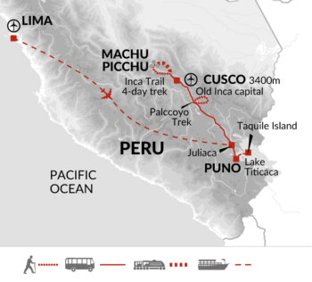 Map of tour Walk Peru’s Inca Trail and Palccoyo Rainbow Mountain