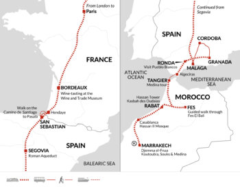 Map of tour Rail Tour London to Moorish Spanish Cities and Morocco