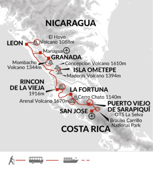 Map of tour Hiking in Costa Rica and Nicaragua