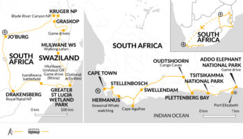 Map of tour Kruger, Swaziland and South Africa’s Garden Route