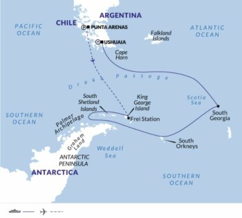 Map of tour Premium Antarctica and South Georgia – Fly and Cruise