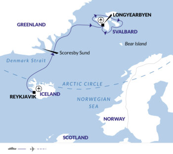 Map of tour Greenland and Spitsbergen Islands Arctic and Wildlife Boat Tour