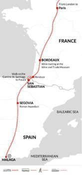 Map of tour London to Bordeaux, San Sebastian and Malaga