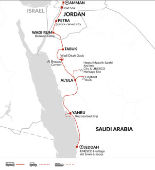 Map of tour Historical and Cultural Tour through Saudi Arabia and Jordan