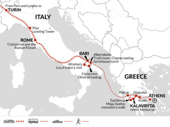 Map of tour London to Ancient Italy and Athens by Train