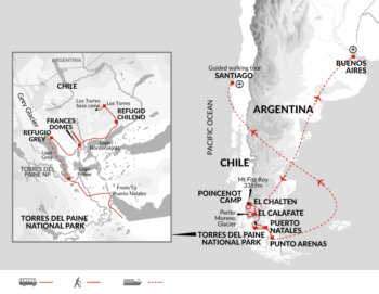 Map of tour Trek Patagonia – Mount Fitz Roy and Torres del Paine