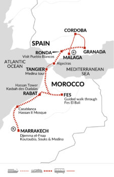 Map of tour Spain To Morocco Cultural Rail Tour