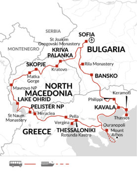 Map of tour Alexander’s Macedonia in Greece, North Macedonia and Bulgaria