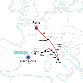 Map of tour Interrailing Europe: Paris to Barcelona