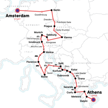 Map of tour 18-35s European Hostel Adventure: Amsterdam to Athens