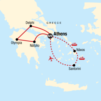 Map of tour Greece Historical Tour with Naxos, Santorini Trip