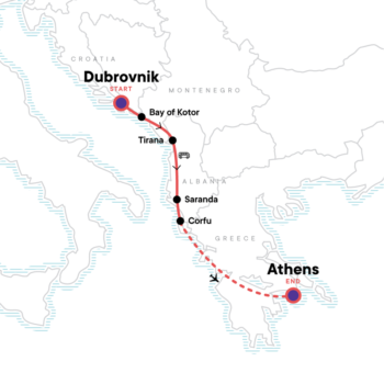 Map of tour Young Adults Adriatic Tour from Dubrovnik to Athens