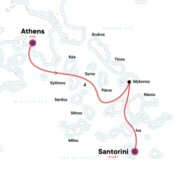 Map of tour Santorini to Athens Sailing Tour