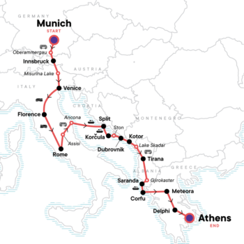 Map of tour Highlights of Southern Europe for Young Travellers