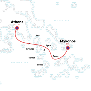 Map of tour 8-Day Sailing Tour of Greece – Athens to Mykonos