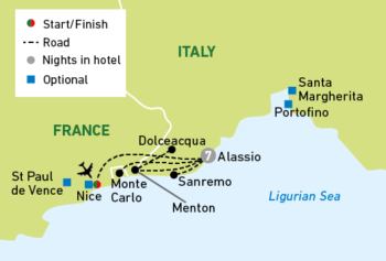 Map of tour French and Italian Riviera for Solo Travellers