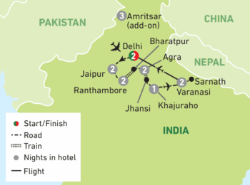 Map of tour Northern India Highlights for Singles