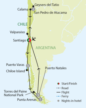 Map of tour Comprehensive Tour of Chile for Solo Travellers