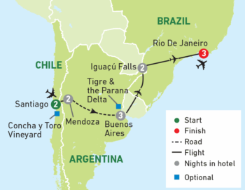 Map of tour Chile, Argentina, Brazil and Rio Carnival Tour for Solos