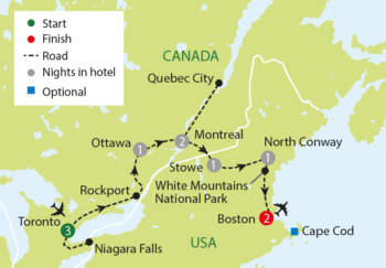 Map of tour Canada and New England Autumn Solos Tour