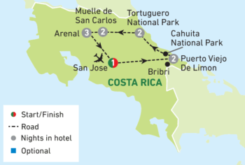 Map of tour Small Group Costa Rica Wildlife Solo Tour