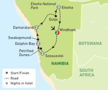 Map of tour Indigenous Peoples of Namibia with Safari and Dunes for Solos