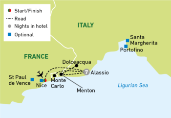 Map of tour 8-Day French and Italian Riviera Solos Tour