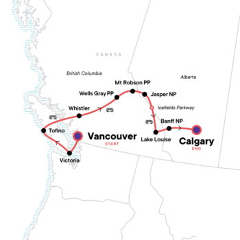 Map of tour 18-to-Thirtysomethings Canadian Rockies – Eastbound