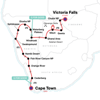 Map of tour Southwestern Africa Adventure: Dunes, Deltas and Falls