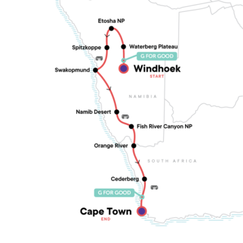 Map of tour Etosha to Cape Town Scenic Tour