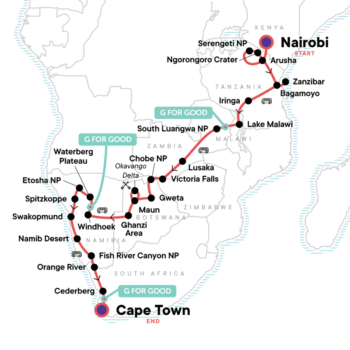 Map of tour Nature and Wildlife Tour of Africa: Nairobi to Cape Town