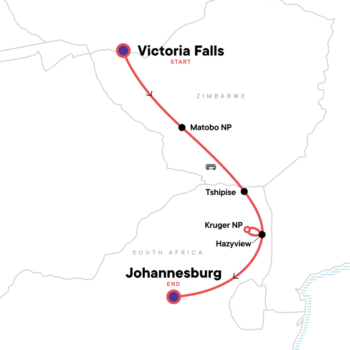 Map of tour Victoria Falls to Johannesburg Wildlife Tour