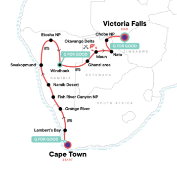 Map of tour Cape Town, Namibia, Botswana and Victoria Falls