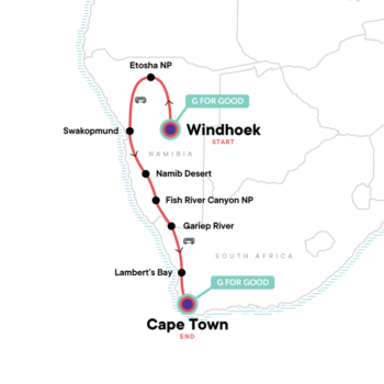 Map of tour Small Group Wildlife and Dunes Tour of Namibia