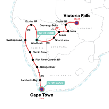 Map of tour Nature and Safari Tour of Botswana and Namibia with Victoria Falls